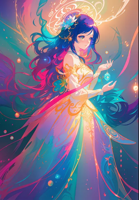 beautiful anime girl in an intricately designed layered ballgown, ((colorful)), flowing long sleeves, beautiful round face features, delicate face, young beautiful girl, flowing gown, inspired by Glen Keane, inspired by Lois van Baarle, disney art style, b...