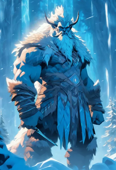 (((Frost Giant with Bow and Arrow))) best quality, very high resolution, detailed CG in 4K, masterpiece, Norse mythology, Skadi woman, Jotunn, trees in the background, Scandinavia, standing pose, Norse clothing, northern city, snow, ((bow and arrow)), aest...