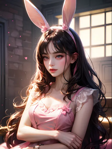 a women, pink bunny ears, black hair, pink eyes, pink dress