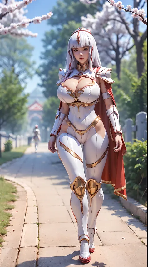 1GIRL, SOLO, (ssmile, makeup, beautifull eyes, white front bangs hair), (mecha headwear:1.3), (BIG BUTTOCKS, HUGE BOOBS:1.4), (DRAGON GUARD ARM, GLOVES), (white, red), (MECHA CYBER SHINY ARMORED SUIT, ROYAL CAPE, CLEAVAGE, MECHA SKINTIGHT PANTS, GUARD ARMO...