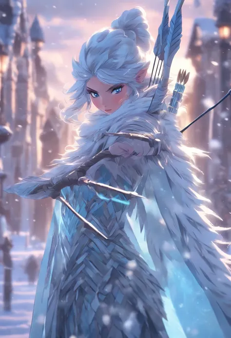 (((ice woman with bow and arrow))) best quality, very high resolution, detailed CG in 4K, masterpiece, Norse mythology, Skadi woman, Jotunn, trees in the background, Scandinavia, standing pose, Norse clothing, northern city, snow, ((bow and arrow)), aesthe...