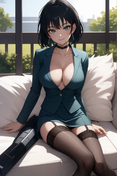 (day:1.7), outdoors, park, park_bench, plant, road,fence, grass,tree,
sitting at attention,sitting on couch,
(business outfit:1.2), blazer, shirt, cleavage, underwear, tight skirt, black choker, earrings, (stockings:1.25),
fubuki, black hair, green eyes, s...