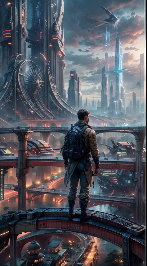 (8k unit wallpaper CG extremely detailed, masterpiece, best quality, ultra-detailed), (((solo)))), ((extremely wide shot:1.15)), a man on a bridge looking at a scifi city in the distance in the background, ((back view)), ((full body)), (high detail), (intr...