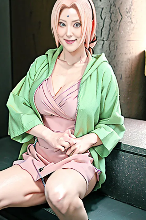 (masutepiece: 1,6), Tsunade ( Naruto) , Smile , Water , green hoodie , Yarrow hair , large full breasts , Shirt , Short pants , 年轻 , Pink lips, Anime Girl ,shill、(Tsunade and Sakuras union),Pink hair、Pot metal、