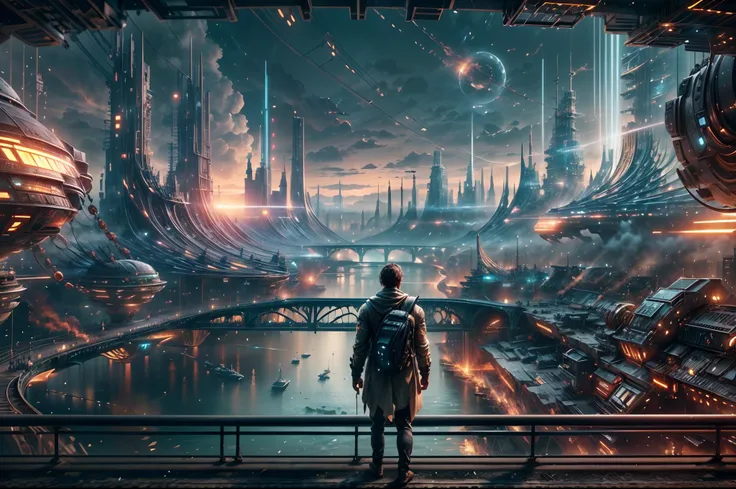 (8k unit wallpaper CG extremely detailed, masterpiece, best quality, ultra-detailed), (((solo)))), ((extremely wide shot:1.15)), a man on a bridge looking at a scifi city in the distance in the background, ((back view)), ((full body)), (high detail), (intr...