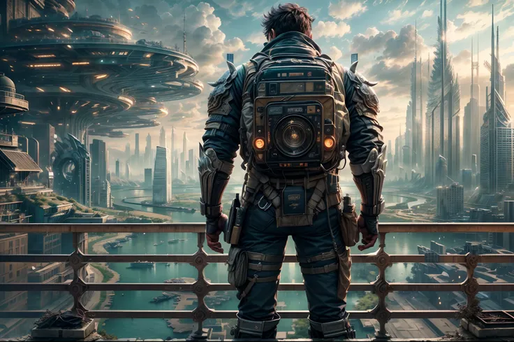 (8k unit wallpaper CG extremely detailed, masterpiece, best quality, ultra-detailed), (((solo)))), ((extremely wide shot:1.15)), a man on a bridge looking at a scifi city in the distance in the background, ((back view)), ((full body)), (high detail), (intr...