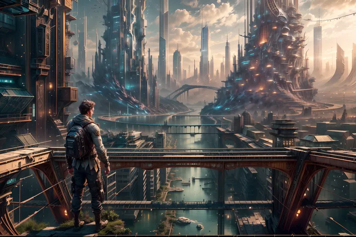 (8k unit wallpaper CG extremely detailed, masterpiece, best quality, ultra-detailed), (((solo)))), ((extremely wide shot:1.15)), a man on a bridge looking at a scifi city in the distance in the background, ((back view)), ((full body)), (high detail), (intr...