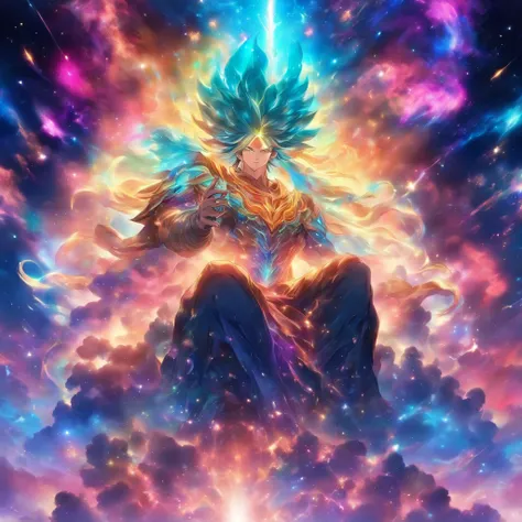 An ethereal god of the galaxy seated on a magnificent cosmic throne, with a mysterious masked face. Their muscular body is armored and composed of swirling galaxies, emanating cosmic energy. The scene is bathed in a mesmerizing multicolored glow, as celest...