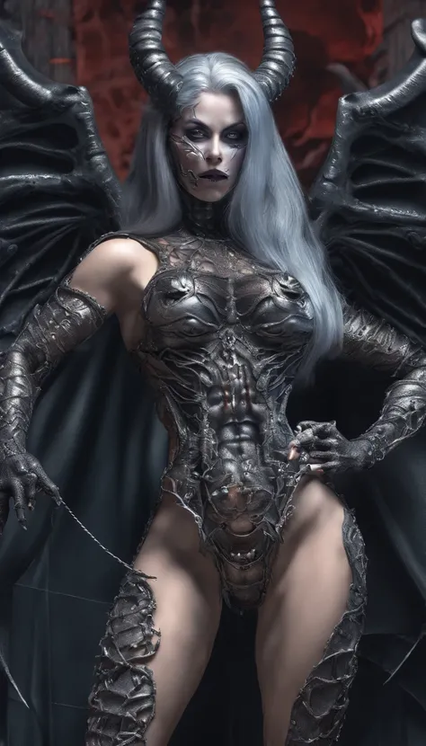 (naked:1.25), (Lady Death:1.25), (demoness with Large horns:1.25),(1 super muscular succubus with flayed skin:1.5), (covered in thick muscle:1.5), (dystopian horror gothic:1.5), ( surreal:1.5), high detail, best quality, masterpiece, finely detail, realist...