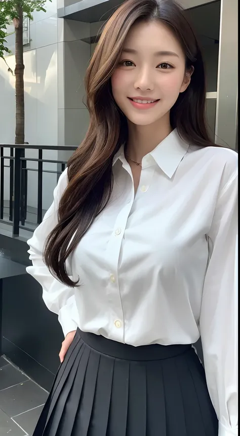 (top-quality、hight resolution、​masterpiece:1.3)、A tall and pretty woman、Slender abs、Dark brown hair styled in loose waves、huge tit、White button-up shirt、Black pleated skirt、(Modern architecture in background)、Details exquisitely rendered in the face and sk...