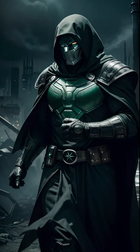 Doctor Doom Marvel, 35mm lens, photography, ultra-detailed, HDR, UHD, 8K, portraits, dark atmosphere, menacing expression, black cloak, iconic metal mask, glowing green eyes, intricate armor, smoke effects, dynamic pose, ruined cityscape, dramatic lighting...