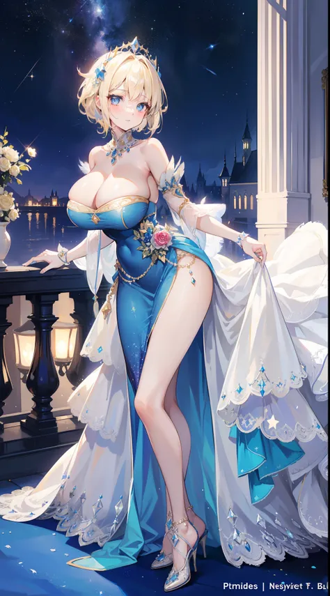 a beauty girl，ssmile，(short light blonde hair)，Royal nobility，(A princess)，Blue pupil，Tall figure，((Bandeau dress))，Low-cut skirt，(Starry evening dress)，Lolita skirt，show legs，Crystal heels，Red carpet，Prom website，(nobles)，(huge tit)，((Fluff feathers))，(Pu...