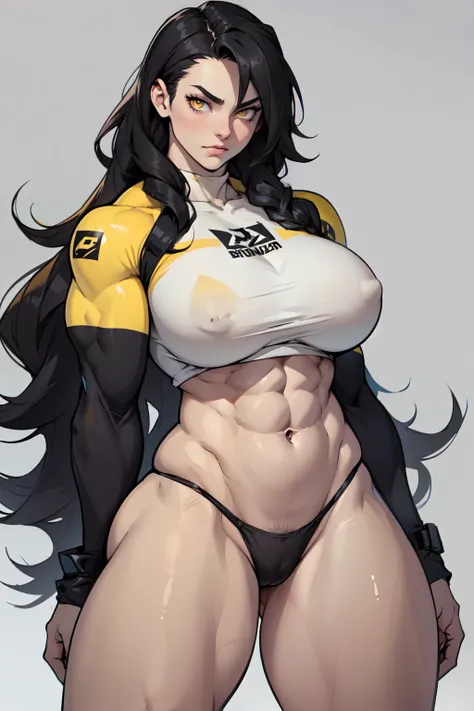 (((1girl bodybuilder))) pale skin black hair very long hair yellow eyes long abs (curvy wide hips thick thighs huge breasts grey background)