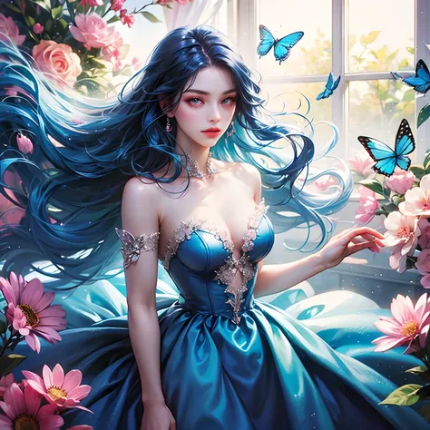 a women, blue butterfly, blue hair, pink eyes, blue dress