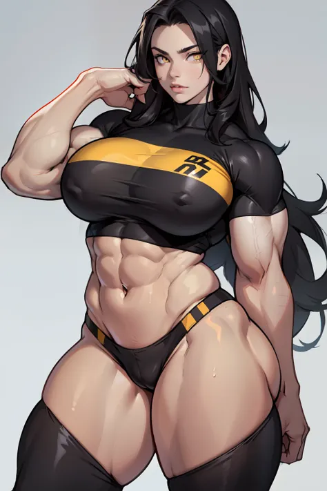 (((1girl bodybuilder))) pale skin black hair very long hair yellow eyes long abs (curvy wide hips thick thighs huge breasts grey background)