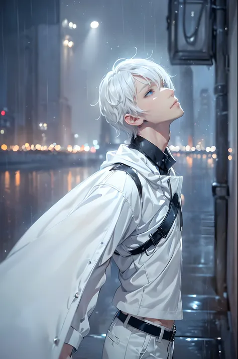 ((4K works))、​masterpiece、(top-quality)、One beautiful boy、Slim body、tall、((Black Y-shirt and white pants、Charming street style))、Please wear one jacket、Wearing a hood to hide his face、(Detailed beautiful eyes)、Morning City、((Rainy city))、Fashionable city w...