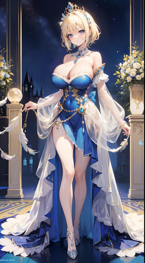 a beauty girl，ssmile，(short light blonde hair)，Royal nobility，(A princess)，Blue pupil，Tall figure，((Bandeau dress))，Low-cut skirt，(Starry evening dress)，Lolita skirt，show legs，Crystal heels，Red carpet，Prom website，(nobles)，(huge tit)，((Fluff feathers))，((P...