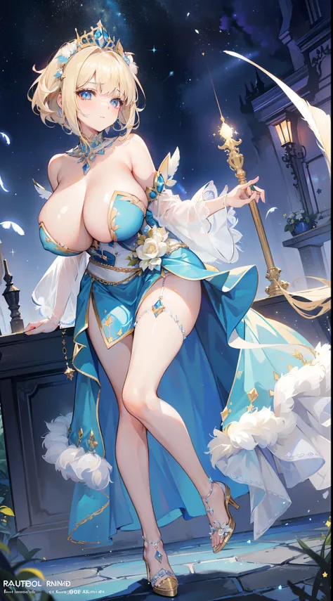 a beauty girl，ssmile，(short light blonde hair)，Royal nobility，(A princess)，Blue pupil，Tall figure，((Bandeau dress))，Low-cut skirt，(Starry evening dress)，Lolita skirt，show legs，Crystal heels，Red carpet，Prom website，(nobles)，(huge tit)，((Fluff feathers))，((P...