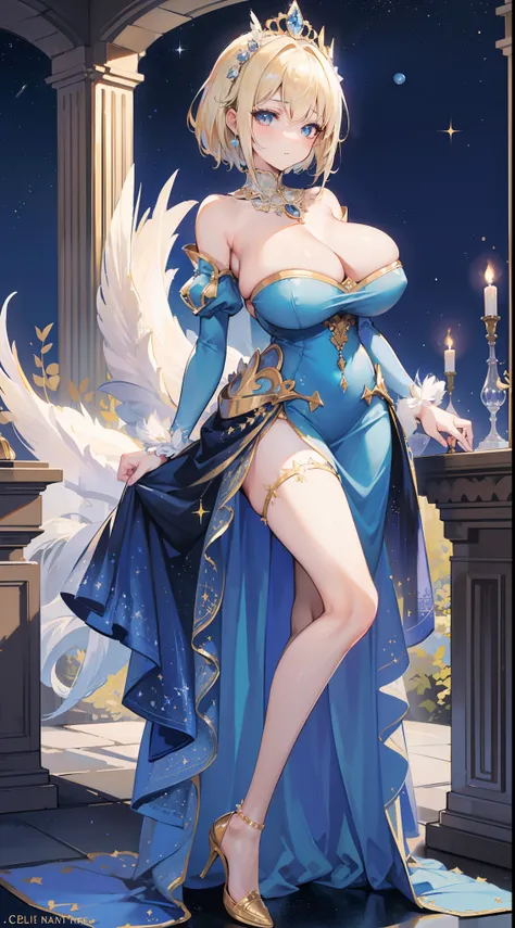 a beauty girl，ssmile，(short light blonde hair)，Royal nobility，(A princess)，Blue pupil，Tall figure，((Bandeau dress))，Low-cut skirt，(Starry evening dress)，Lolita skirt，(Cocked buttocks)，Red carpet，Prom website，(nobles)，(huge tit)，((Fluff feathers))，((Pubic b...