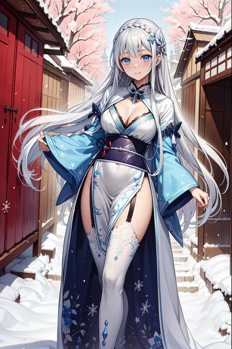 saints，seductiv，having fun，Being in love，(Western magic white dress)，silber hair，eBlue eyes，Suitable transparent clothing，Decoration of saints，Sky blue cloth，Snowflake pattern，Sky blue pattern，Snowy nights，Transparent lace，exquisite costumes，Japanese court...