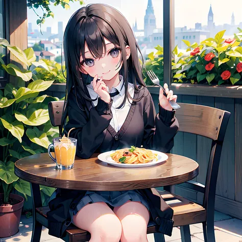 girl with、1 persons、Dark hair、Black eyes、length hair、A smile、Pupils、校服、Cardigan、resturant、Terrace seating、gardening、Pasta on the table、Holding a fork、sit a chair