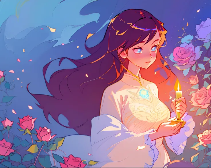 anime, a girl with long hair, flowing white dress, beautiful girl holding a warm glowing candle, long flowing hair, beautiful anime art style, beautiful digital illustration, a beautiful artwork illustration, inspired by Glen Keane, inspired by Lois van Ba...