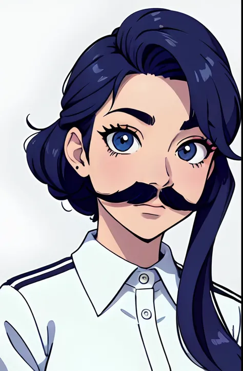 Un dibujo de caricatura de una mujer pelo rubio con bigote, coleta con trenzas, uniforme rojo, Ojos azules, Anime Retrato de mujer con bigote anime. Feminista.