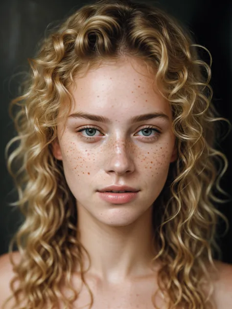 a portrait photo of a beautiful woman with curls and lots of freckles, (dirty blonde hair), (face portrait:1.5), dramatic light ...