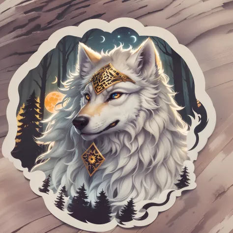 A cute white wolf sticker, golden eyes, a cute warrior , a full moon, a deep forest, and a mysterious image. Its night but its bright