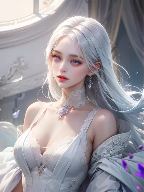 a women, white hair, purple eyes, white dress