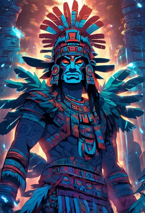 (((Aztec God))) best quality, very high resolution, detailed CG in 4K, masterpiece, Aztec mythology, rain god, Tlaloc, trees in the background, Mexico, standing pose, Aztec clothing, Aztec city,( (full body)), aesthetics, beautiful image, centered on scree...