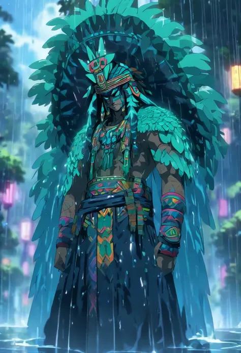 (((Rain God))) best quality, very high resolution, detailed CG in 4K, masterpiece, Aztec mythology, rain god, Tlaloc, green feathers, trees in the background, Mexico, standing pose, Aztec clothes, Aztec city,((full body)), aesthetic, beautiful image, cente...