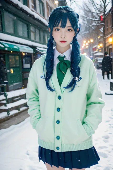 Best quality,超高分辨率,1girll,Solo,full bodyesbian,Snow,City,, Blue hair,Green eyes,JK,school uniform,