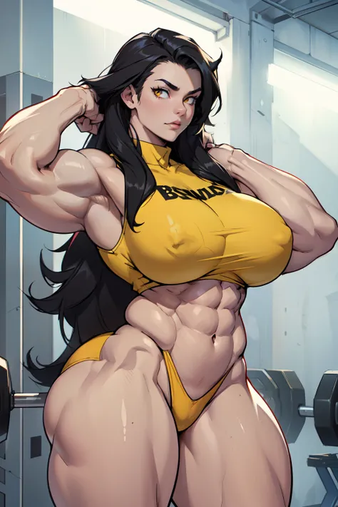 (((1girl bodybuilder muscular))) pale skin black hair very long hair yellow eyes long abs ((curvy wide hips thick thighs huge breasts))