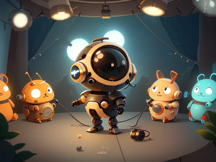 Very cute little robot，Round and cute，Love music，On a glowing stage，Very nice color，ultra - detailed，，natural  lightting，trends in art station，Simple details，highly  detailed，A cartoon image of a futuristic robot，adolable，droid，Q version，Design style，chara...