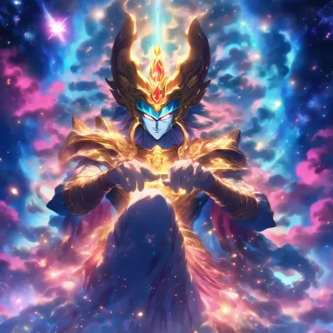 A majestic god of the galaxy seated on a celestial throne, adorned with an enigmatic mask. Their awe-inspiring physique is adorned with armor comprised of swirling galaxies, emanating a sense of cosmic power and mystery. The image should be highly detailed...