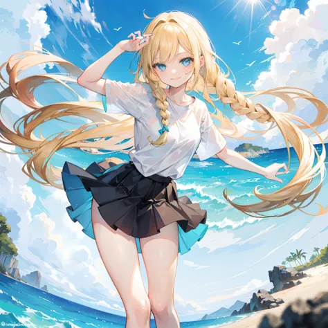 18-year-old blonde girl, Turquoise eyes, long-haired,Braid left and right, White T-shirt,Black skirt ... Show off your legs....on the sea, On the white sandy beach...With a slightly smiling face..........