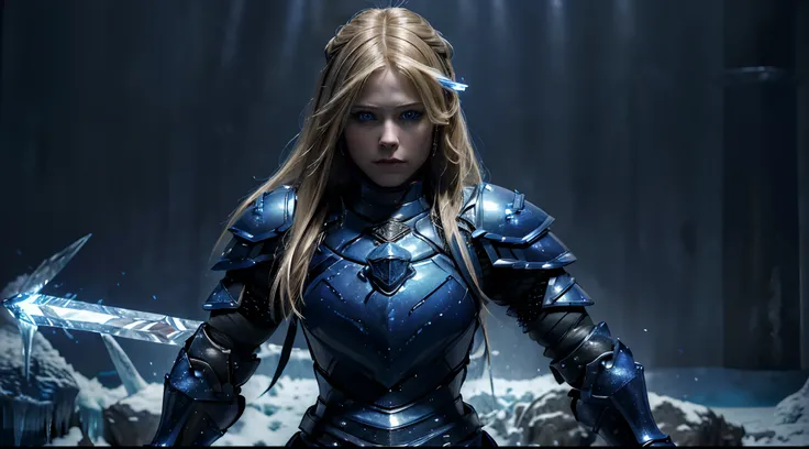 (Masterpiece:1.3), Highres, best quality, (extremely detailed, area lighting in background, HD, 8k, extremely intricate:1.3), (full body shot), (standing), Photo, film grain, Fujifilm XT3, , 1 girl, ((avril lavigne)), blue eyes, (((blue armor:1.2))),(Ice a...