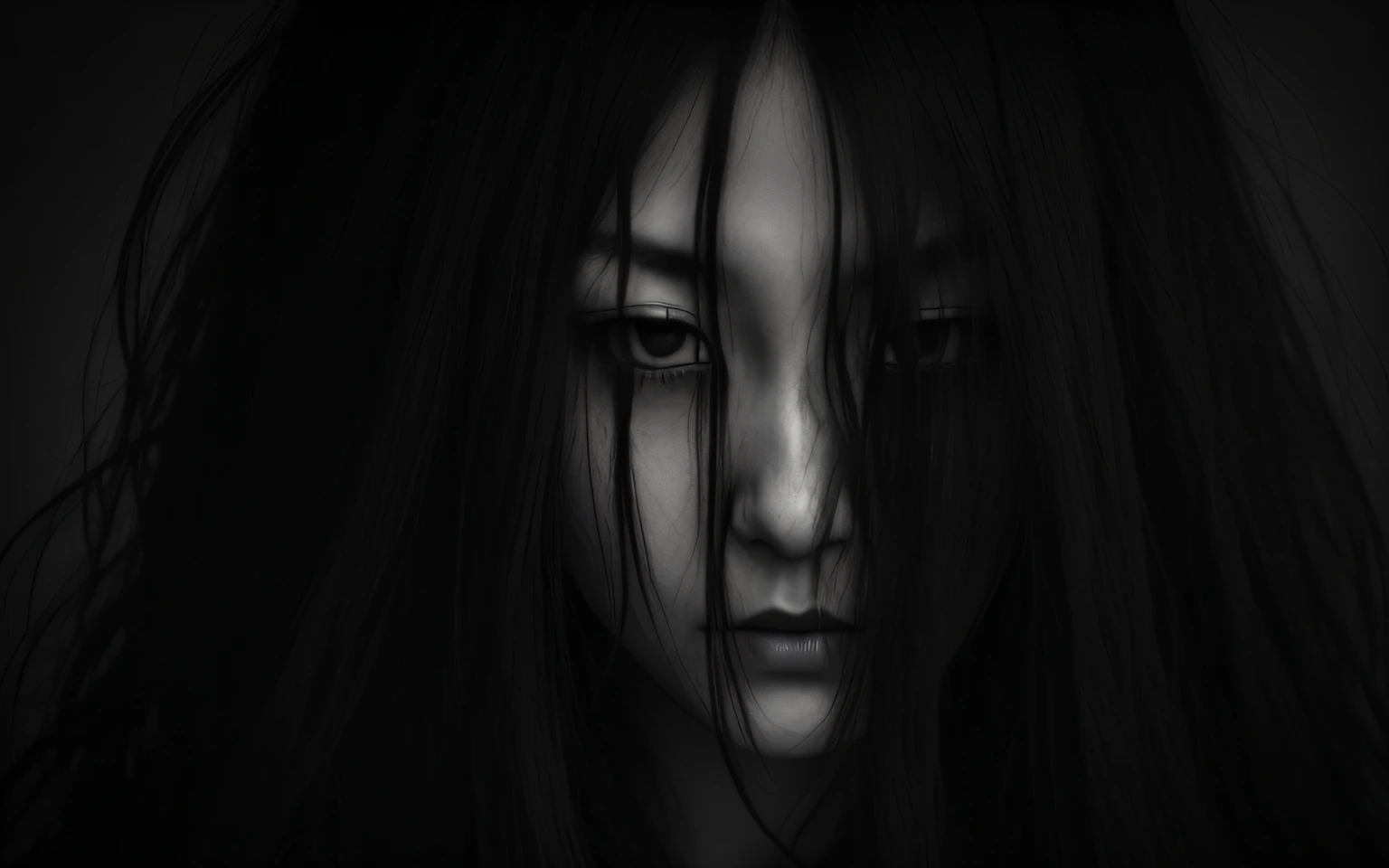 a woman with long hair and a creepy look on her face, with haunted eyes and dark hair, portrait of sadako of the ring, eerie person, very scary photo, scary photo, scary picture, with wild hair and haunted eyes, haunting face, the grudge, haunted and sad e...