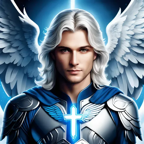 um close up de uma pessoa com uma espada e asas, Arcanjo Miguel, arcanjo, saint michael the angel, angelic, biblical accurate angel, angelic, angel spirit guide, angel in plastic armor, anjo, um anjo, angelic face, Asas Angelicais, beautiful angelic wings,...