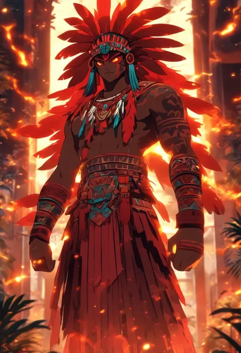 (((Flayed God)) best quality, very high resolution, detailed CG in 4K, masterpiece, Aztec mythology, god of gold, Xipe Totec, red feathers, trees in the background, Mexico, standing pose, Aztec clothing, city Aztec,((full body)), aesthetic, beautiful image...