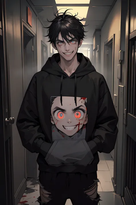 1boys,Tall and strong male, Perfect male body, Eyes look at the camera, (Black hair, Messy hair, Crazy expression, Gray hoodie,blood in face,), (Crazy smile:1.2) , (Mad eyes:1.3) , (wide-eyed:1.2,small pupil, grin),stand in dark corridors,Dim light,