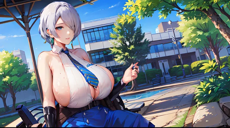 ((masutepiece, top-quality, hight resolution,1girl in,plein air, sitting on, Benches, shiny glossy skin, Huge boobs)), Coffee on the desk,
hair_Over_One_eye, bridfx, brid_nikke, Blue tie, Sleeveless,perfect hand