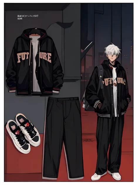 a picture of a man in a black jacket and pants, anime set style, 2 0 2 2 anime style, 2022 anime style, street clothes, anime inspired, style anime, future clothing, full_body!!, casual streetwear, jk uniform, lunar themed attire, anime style only, bright ...