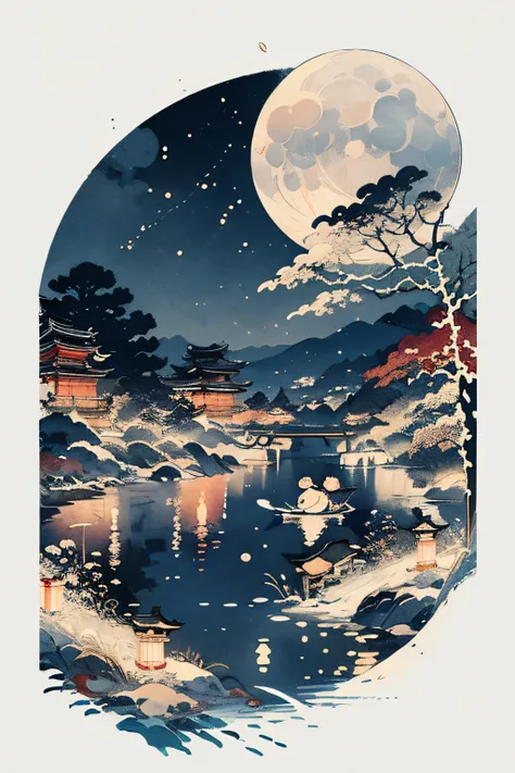 masterpiece,best quality,cute ukiyo-e,night,moon,