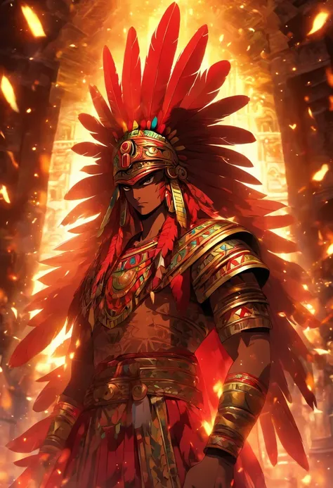 (((Red God)) best quality, very high resolution, 4K detailed CG, masterpiece, Aztec mythology, god of gold, Tōnatiuh, red skin, yellow feathers, Mexico, standing pose, Aztec clothing, Aztec city, ((yellow feathers), aesthetic, beautiful image, centered on ...