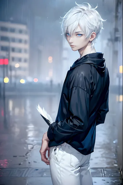 ((4K works))、​masterpiece、(top-quality)、One beautiful boy、Slim body、tall、((Black Y-shirt and white pants、Charming street style))、Please wear one jacket、Wearing a hood to hide his face、(Detailed beautiful eyes)、Morning City、((Rainy city))、Fashionable city w...