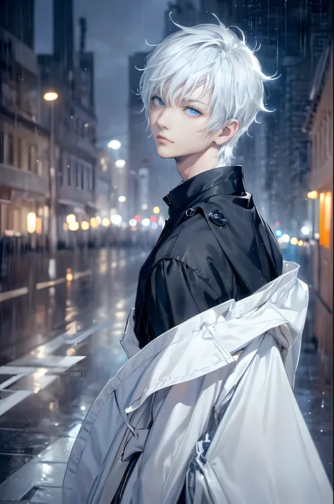 ((4K works))、​masterpiece、(top-quality)、One beautiful boy、Slim body、tall、((Black Y-shirt and white pants、Charming street style))、Please wear one jacket、Wearing a hood to hide his face、(Detailed beautiful eyes)、Morning City、((Rainy city))、Fashionable city w...