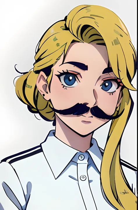 Imagen de dibujos animados de una mujer con bigote y camisa, en un estilo anime, IG Studios estilo anime, Cartoon Artstyle, en estilo anime, Marin Kitagawa Fanart, Retrato estilo anime, Personaje de estilo anime, Enorme bigote rubio, CEL - Estilo de arte s...