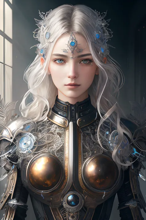 Portrait of a beautiful cyborg with 8k silver hair, messy hair, front view, intricate, elegant, detailed, majestic, digital photography, artgerm and artwork by Ruan Jia and Greg Rutkowski, surreal painting, filigree, broken Glass, (Masterpiece, Sidelight, ...